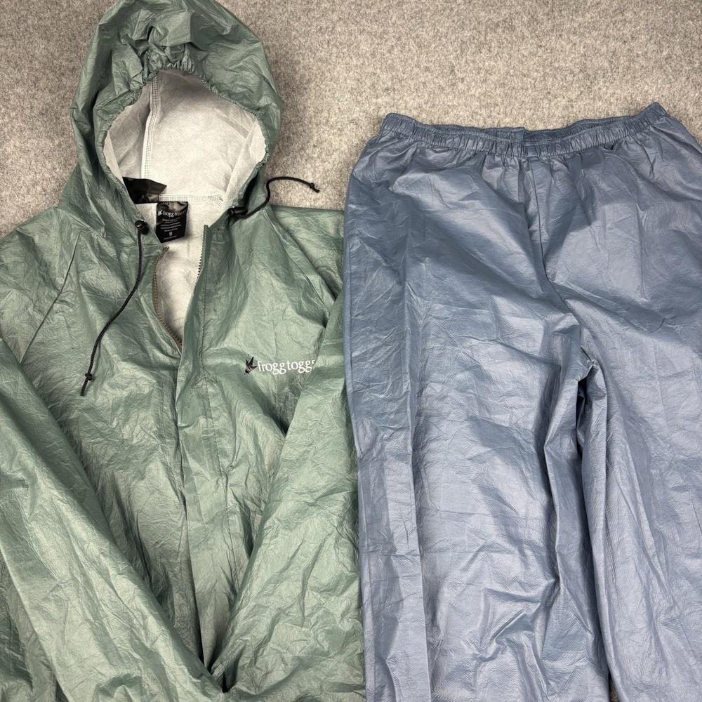 Frogg Toggs Rain Suit Mens Small Green Blue Hooded Waterproof 2Pc Set Camping